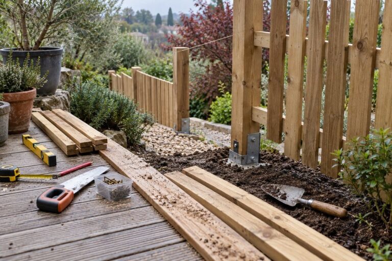 Après le paysagement : une barrière en bois qui ferme le jardin sans le figer